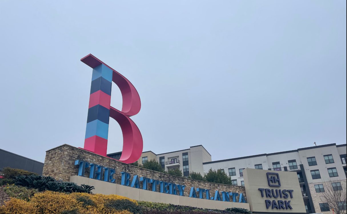 The Battery Atlanta landmark sculpture and Truist Park sign (photographed 2022)