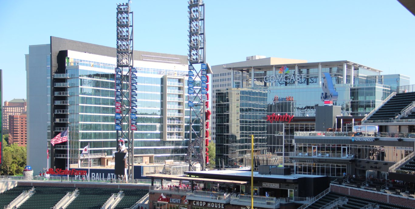 View of The Battery Atlanta towers from the Truist Park stands (photographed 2017)