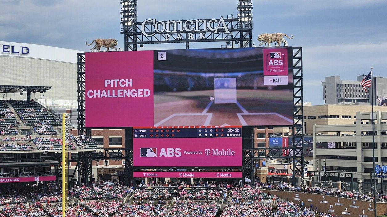 Comerica Park scoreboard topped by the white 'Comerica Park' sign during the May 16, 2026 game against Toronto