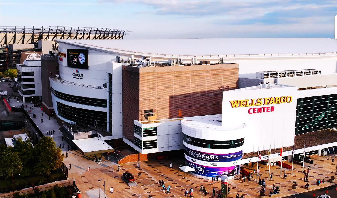 Arena exterior in 2019, when it was still named Wells Fargo Center (renamed Xfinity Mobile Arena in 2025)