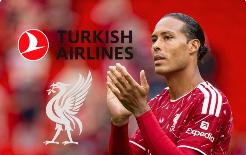 Turkish Airlines logo alongside Liverpool's current kit, worn by Van Dijk (Expedia sleeve sponsor visible)