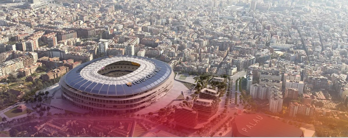 Rendering of the completed Espai Barca project, aerial view