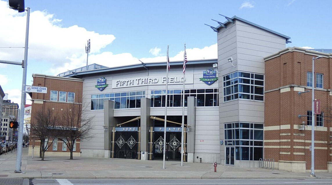 Main entrance of Fifth Third Field in Toledo, home of the Tigers' Triple-A affiliate Toledo Mud Hens, April 2022
