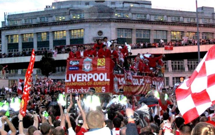 Liverpool's open-top bus parade through the city center after the 2005 Champions League triumph, May 26, 2005