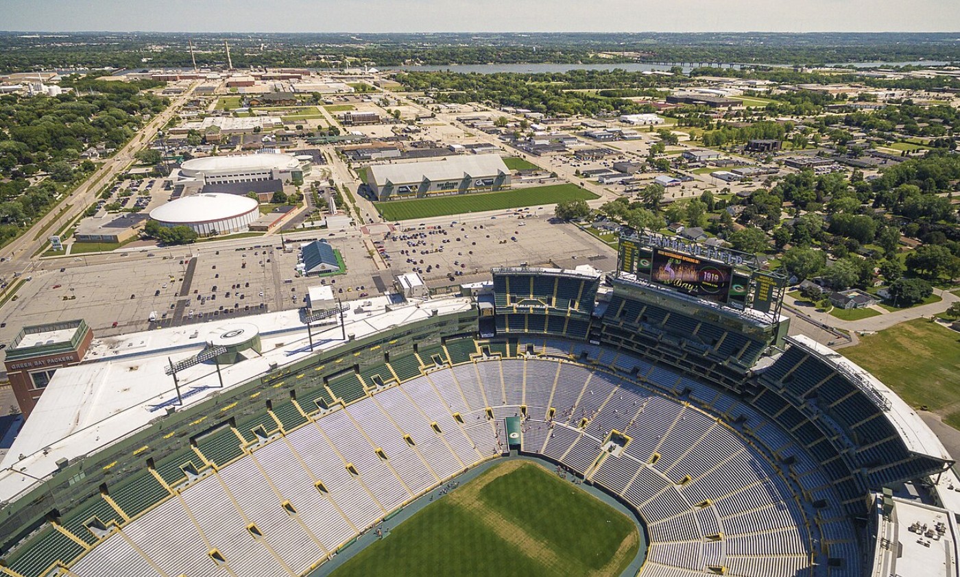 Aerial view of Lambeau Field and the surrounding residential neighborhood, July 2015