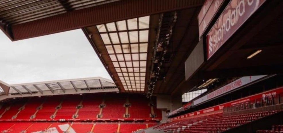 Anfield's Main Stand, with the Standard Chartered sign visible on the right
