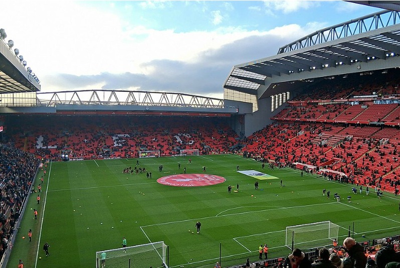 Anfield on matchday, January 2026, with players warming up and a full house in the stands