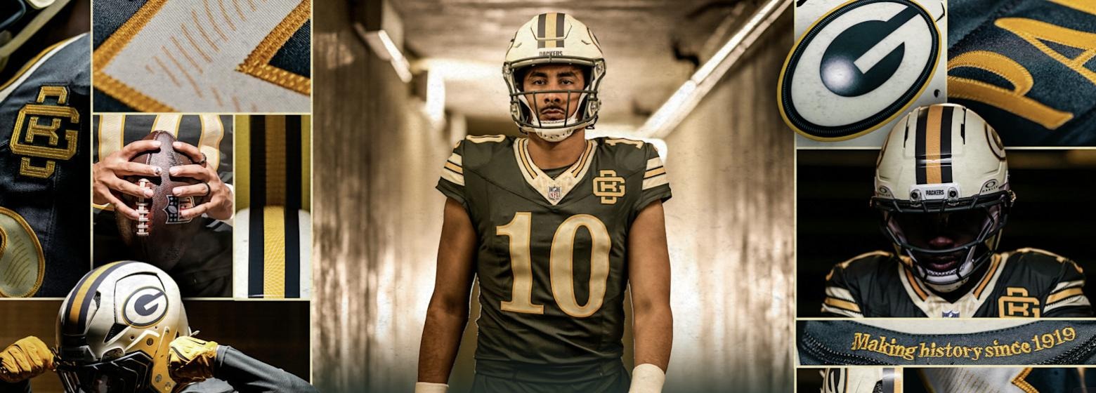 Official promotional image of the Green Bay Packers NFL Rivalries alternate uniform, with quarterback Jordan Love in the center