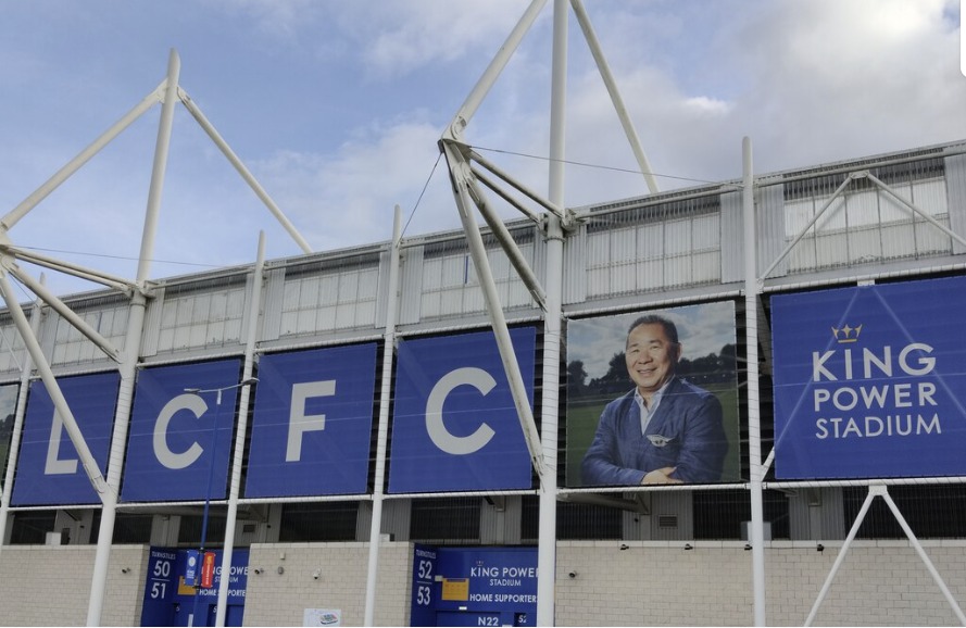 King Power Stadium entrance banners including a portrait of former chairman Vichai Srivaddhanaprabha, April 2022