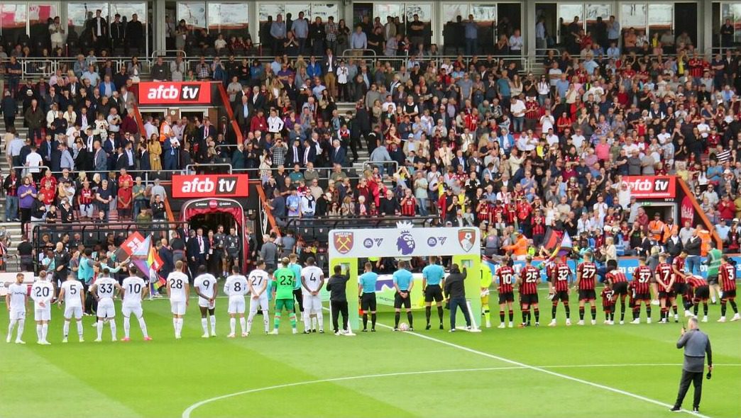 Players of West Ham and Bournemouth lined up in front of the Premier League board just before kickoff at Vitality Stadium