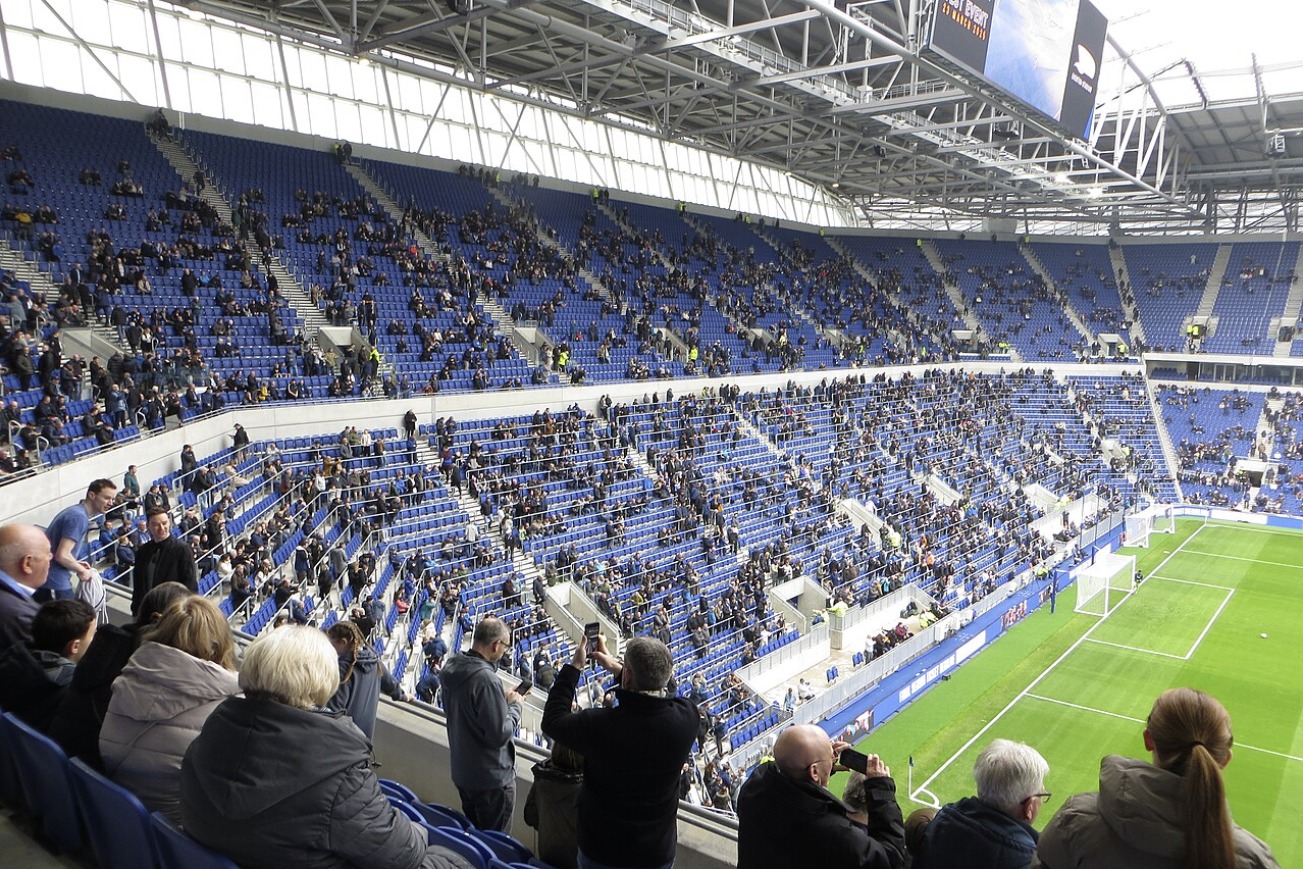The South Stand of Hill Dickinson Stadium on the day of a pre-opening test event, March 2025