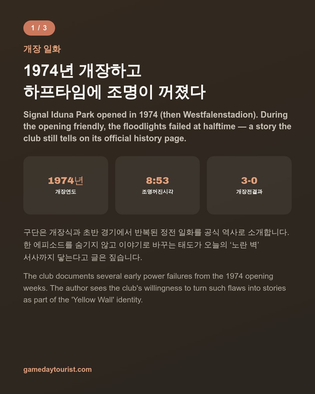 도르트문트 직관 가이드 — 지그날 이두나 파르크, 개장 첫 경기에 꺼진 조명 — 카드뉴스 2/5