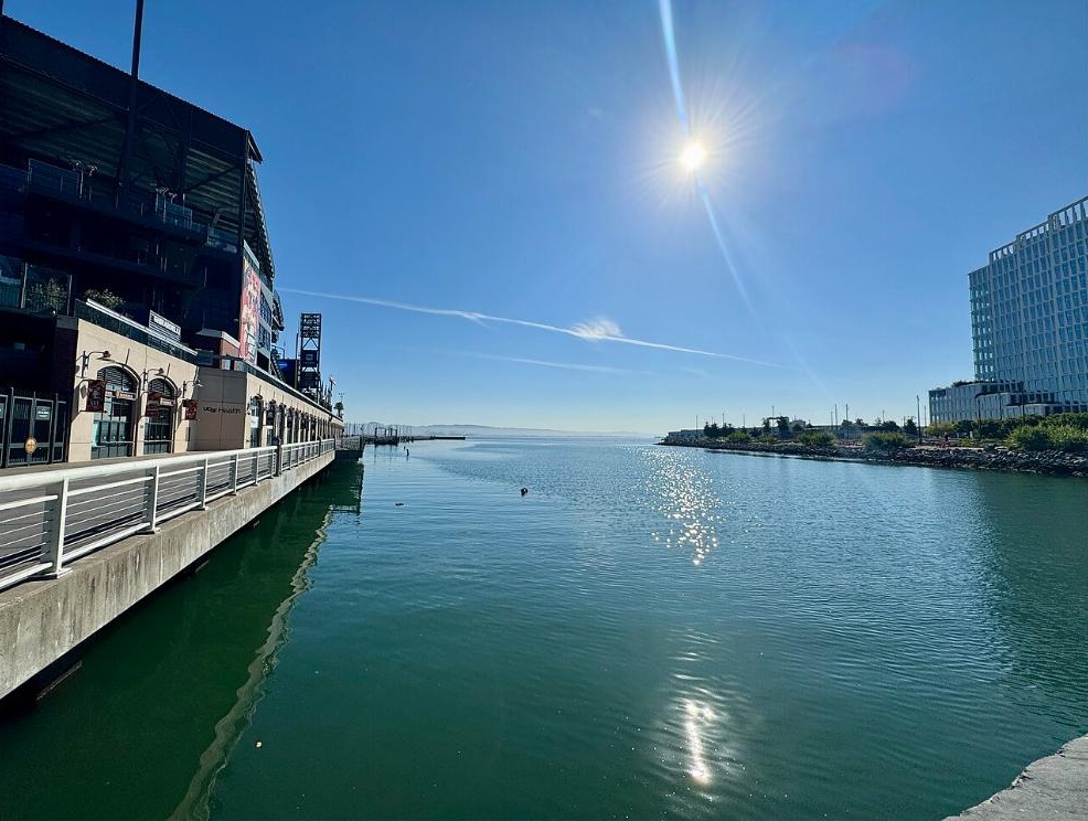 The water of McCovey Cove beyond the right-field wall of Oracle Park