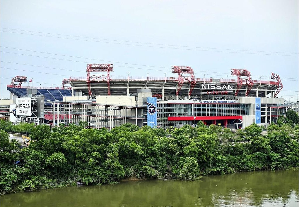 Exterior of Nissan Stadium in Nashville seen from across the river