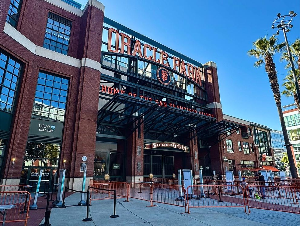 The Willie Mays Gate at Oracle Park with its red-brick facade