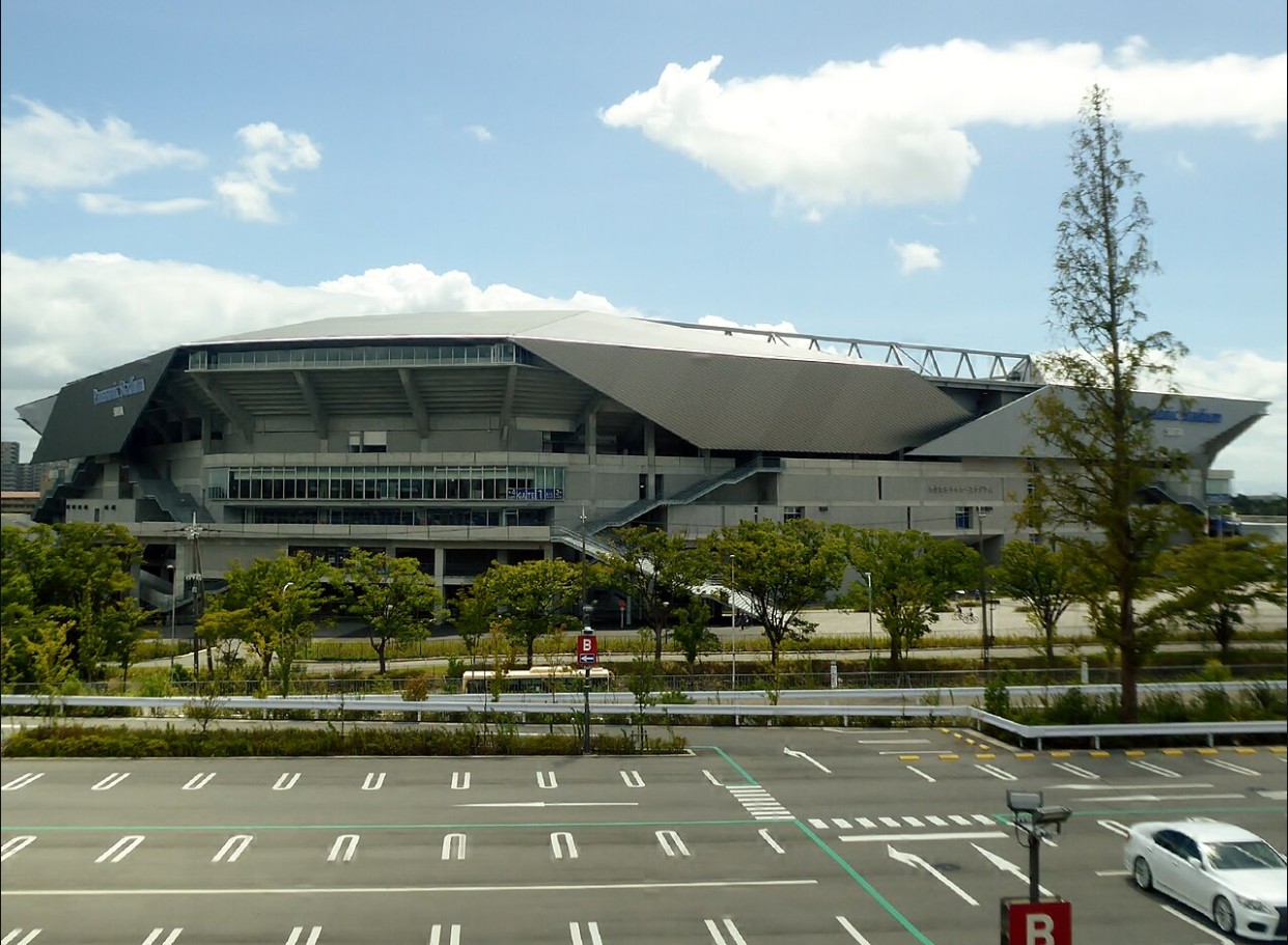 Stadium exterior showing the roof structure over the stands, August 25, 2018