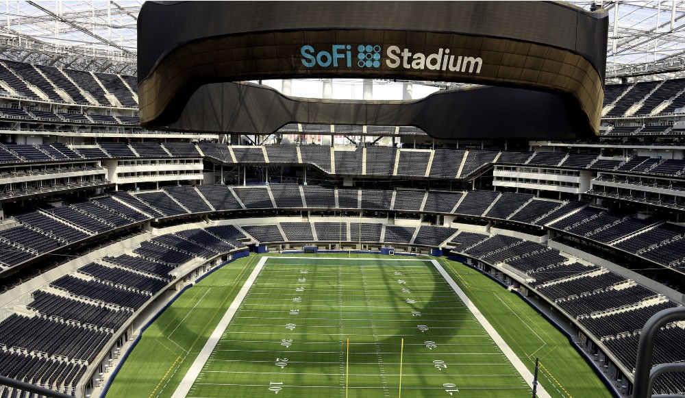The SoFi Stadium logo and seating, viewed from inside the venue