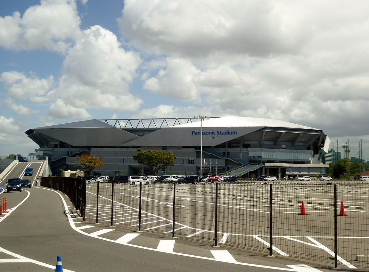 Front exterior of the donation-funded stadium, August 25, 2018