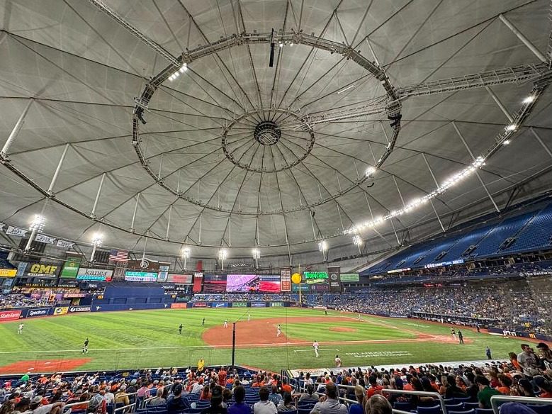 Inside Tropicana Field showing the ring-shaped structures of the fixed dome roof and the view of the ballpark