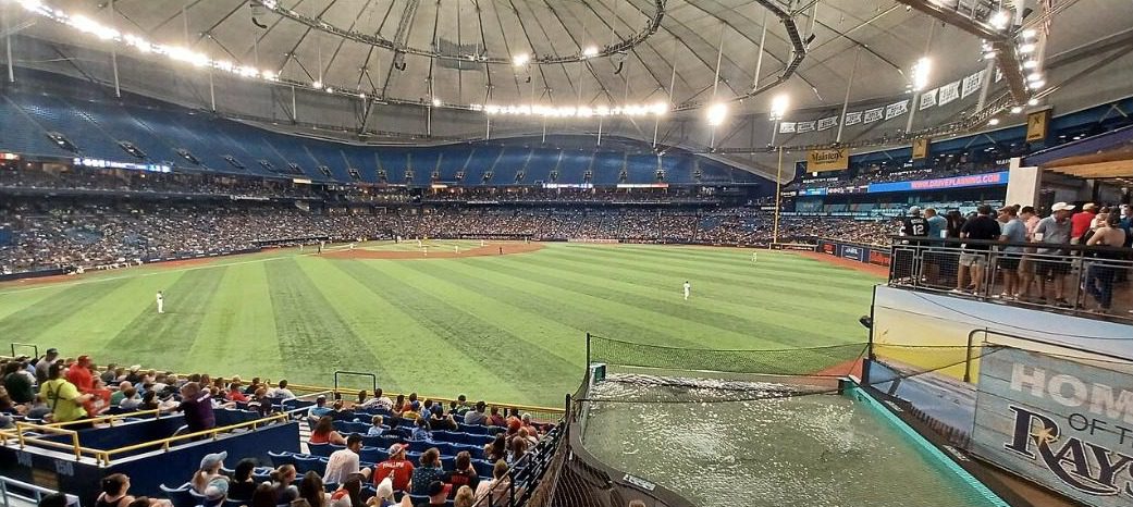 The ray touch tank beside the outfield wall with the field of Tropicana Field stretching beyond it