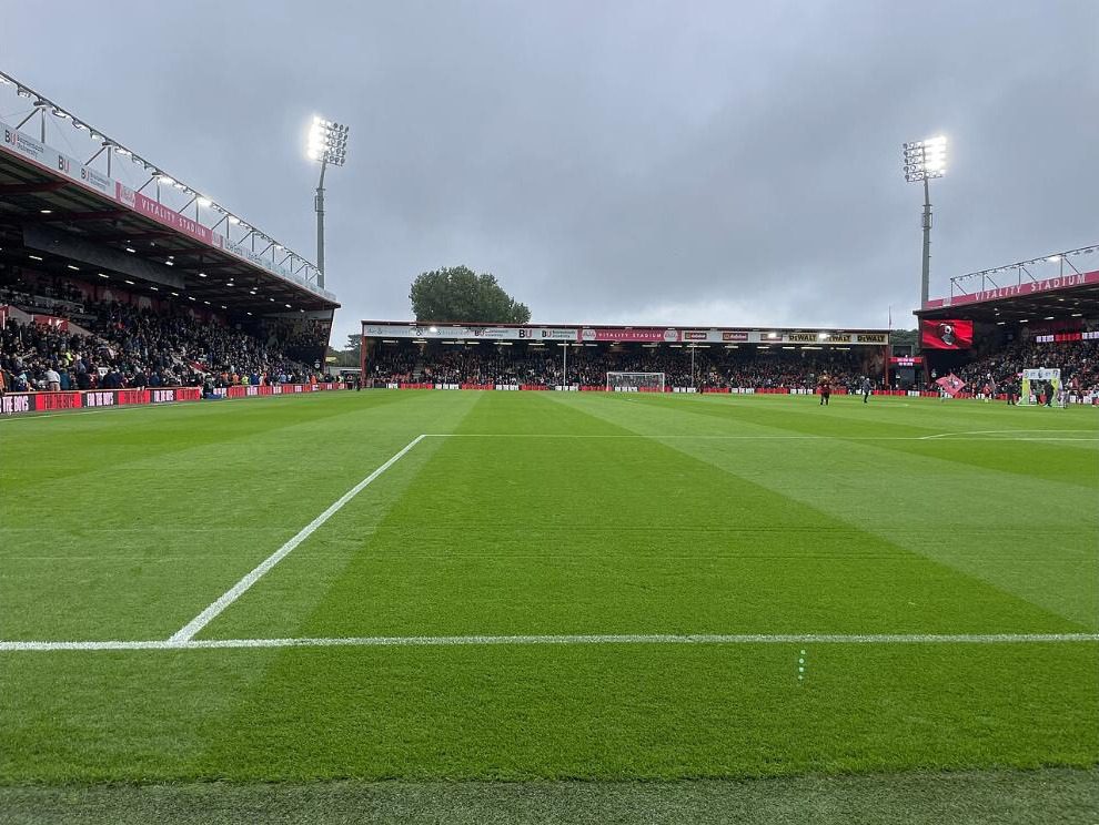 Pitch-level view of the stands and floodlight pylons at Vitality Stadium under a grey sky